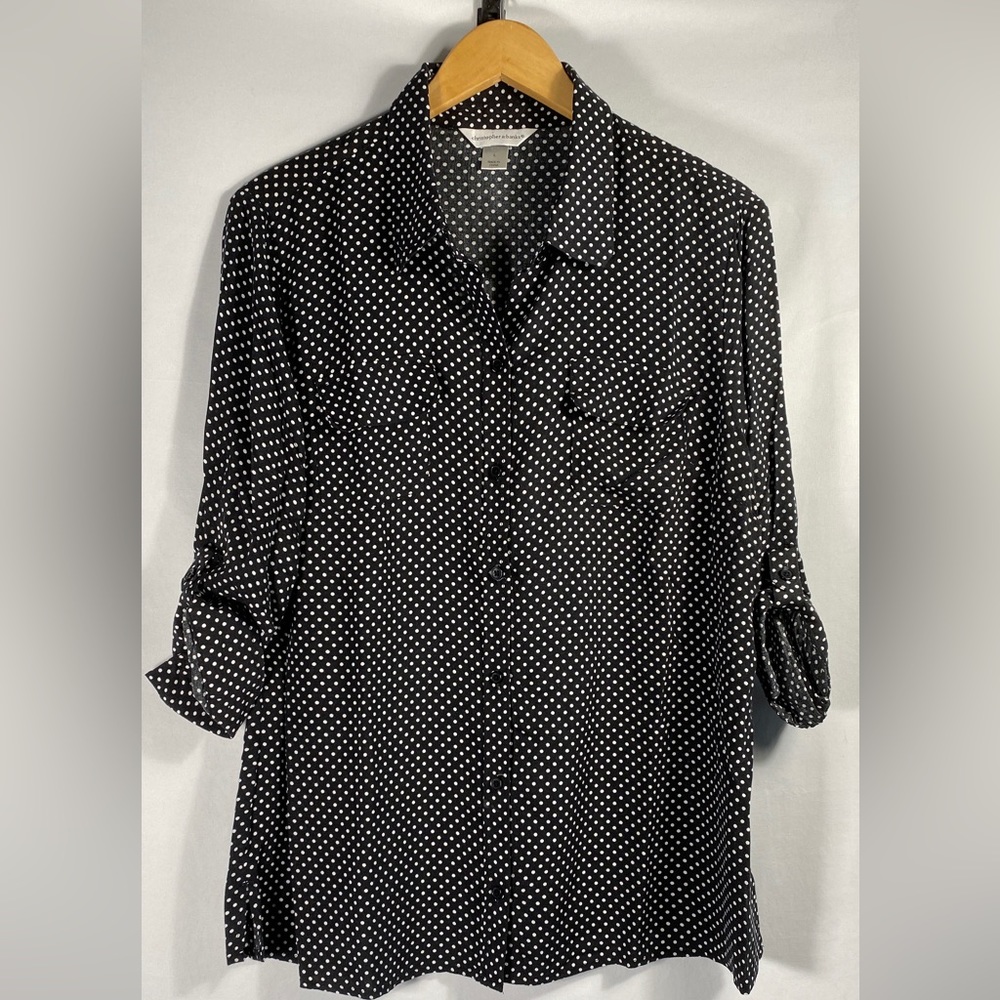 Christopher & Banks Women's Large Black/White Polka Dot Collared Buttoned Blouse